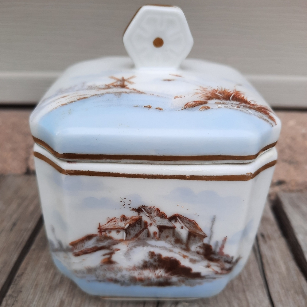 Vtg porcelain Trinket Box windmill bluebird cottagecore